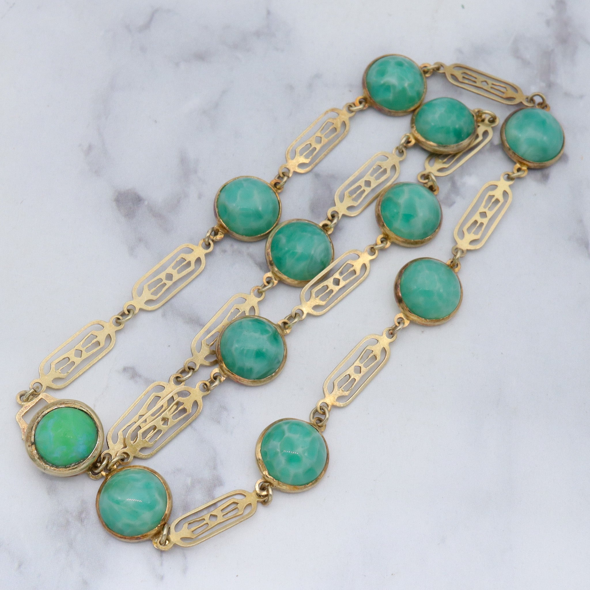 Antique art deco Chinese vermeil sterling tile link & peking glass cabochons necklace - 15"